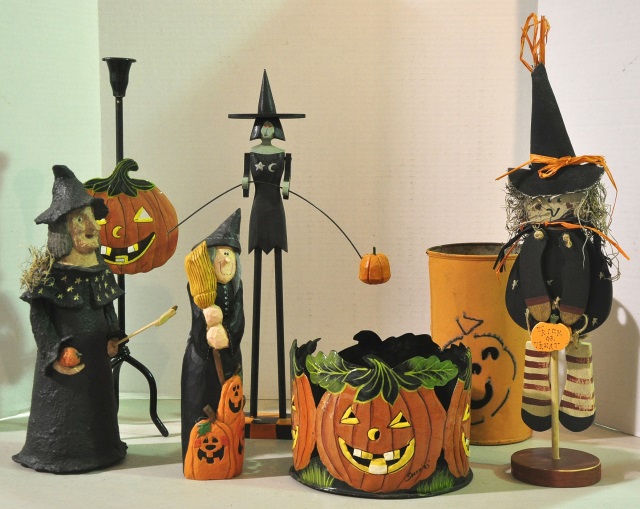 Appraisal: Bxs Halloween DecorationsIncluding one box with four wooden and paper