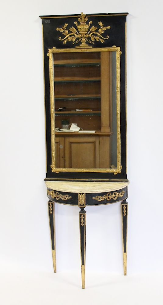 Appraisal: Vintage Ebonised and Gilt Decorated Mirror and Console Nice decorative