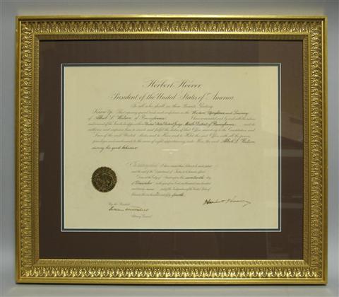 Appraisal: HERBERT HOOVER SIGNED PRESIDENTIAL DOCUMENT Partially printed document SIGNED AS