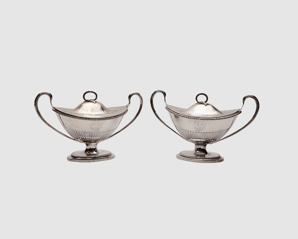 Appraisal: Pair of George II Silver Two Handled Small Covered Tureens