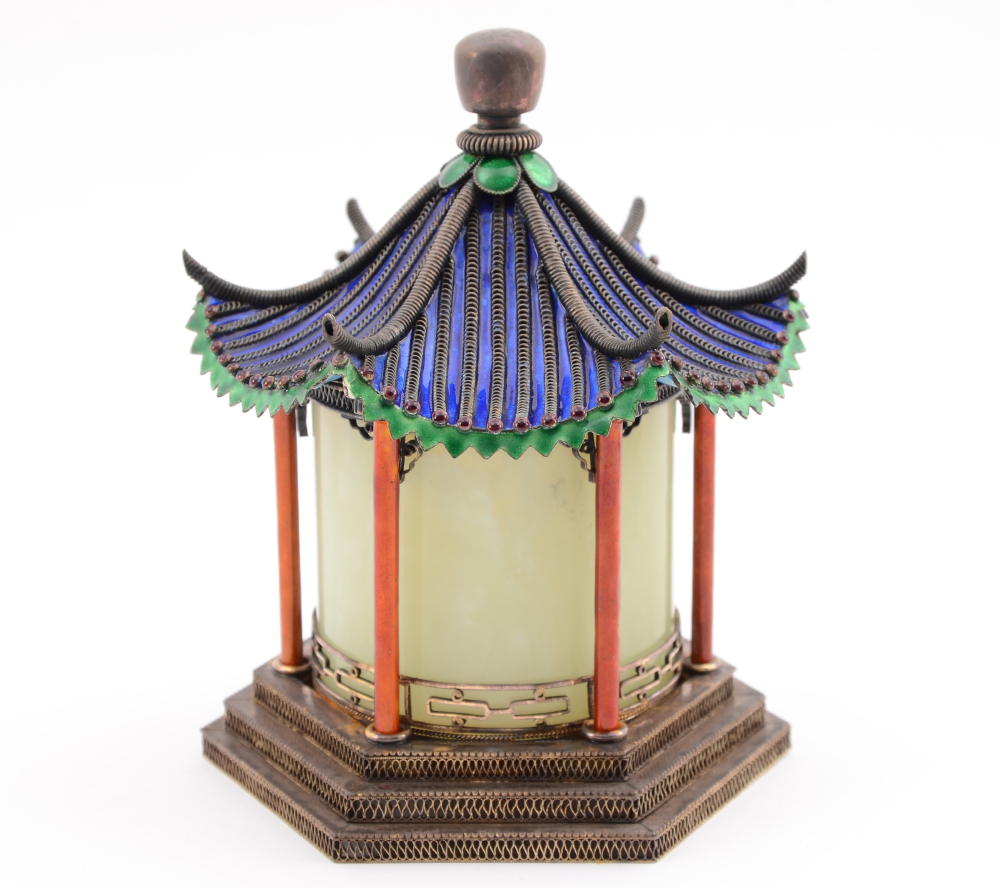 Appraisal: CHINESE SILVER ENAMEL PAGODA TEA CADDY Pagoda shaped lid with