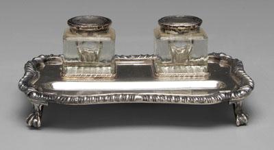 Appraisal: Silver plated standish cartouche form ball-and-claw feet with gadroon border