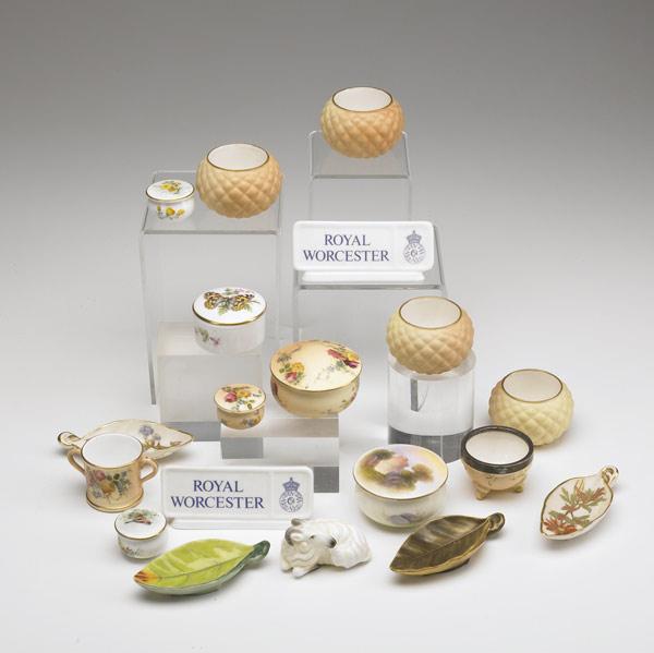 Appraisal: ROYAL WORCESTER Nineteen pieces includes figural ram covered boxes open