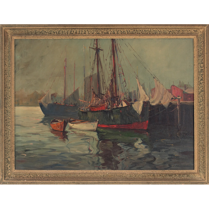 Appraisal: J J Enwright Scandinavian American - ''Boats in Dock Gloucester