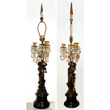 Appraisal: Pair of Neoclassical Style Bronze Figural Lamps Hung With Prisms