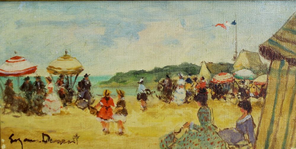 Appraisal: ILLEGIBLY Signed Oil On Canvas French Beach Scene Sgd lr