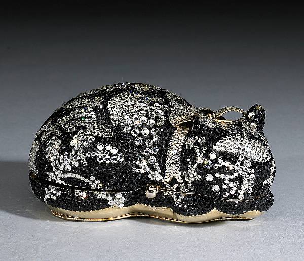 Appraisal: A black and white rhinestone cat motif clutch Judith Leiber