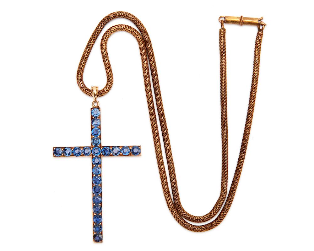 Appraisal: K Gold and Sapphire Cross Pendant K Gold and Sapphire