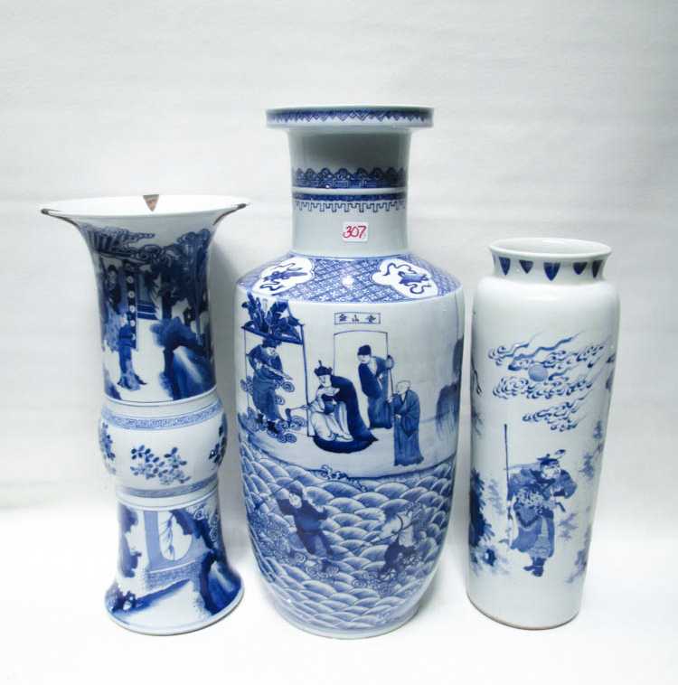 Appraisal: THREE CHINESE QING BLUE AND WHITE PORCELAIN VASES beaker form