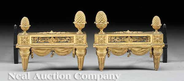 Appraisal: A Pair of Louis XVI-Style Bronze Dor Chenets late th