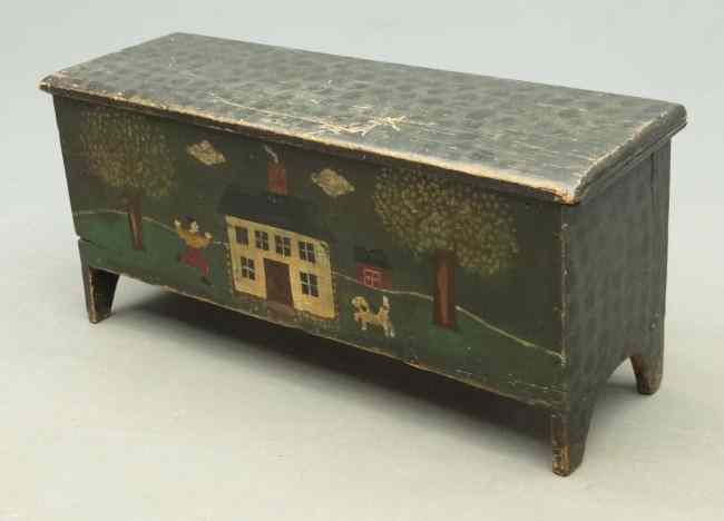 Appraisal: th c paint decorated blanket box front has scene with