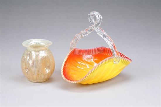 Appraisal: TWO PIECES OF ART GLASS An orange to yellow basket