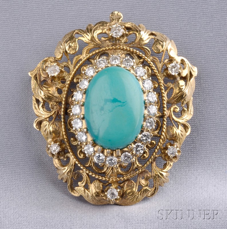 Appraisal: kt Gold Turquoise and Diamond Pendant Brooch centering a cabochon