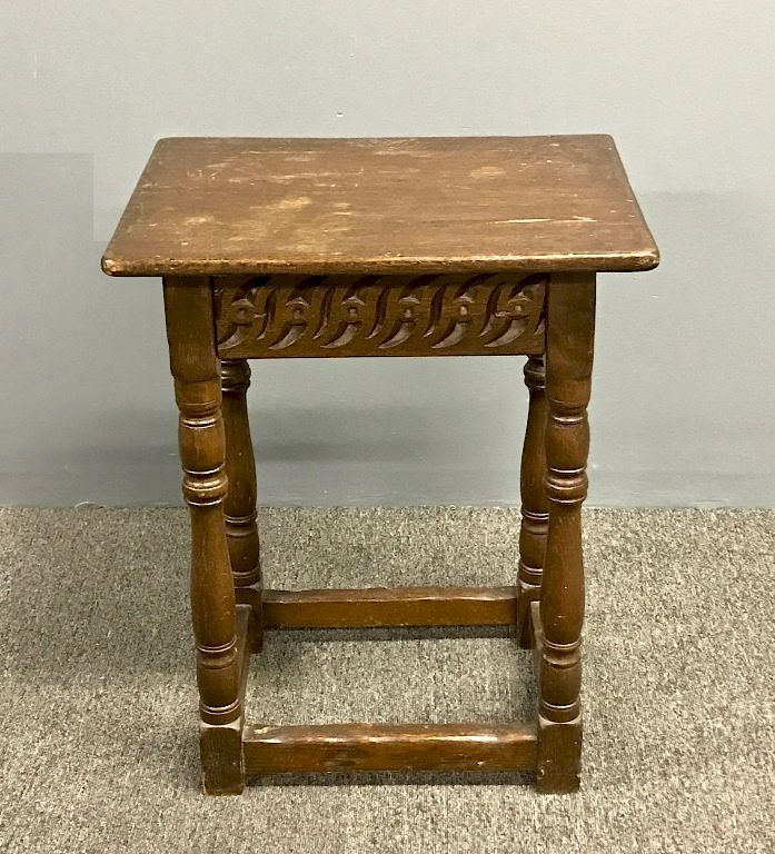 Appraisal: Jacobean Style Oak Carved Joint Stool Jacobean style oak carved