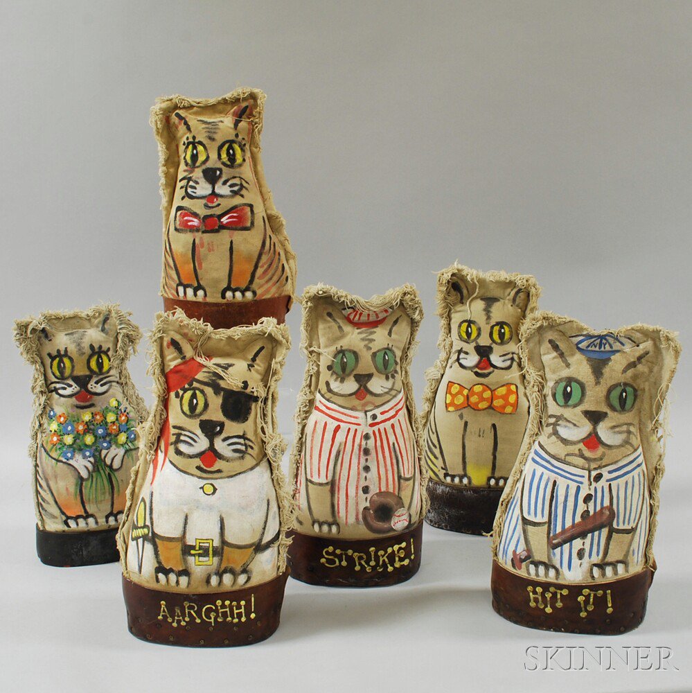 Appraisal: Six Vintage Painted Canvas Cat Carnival Knock Downs with leather