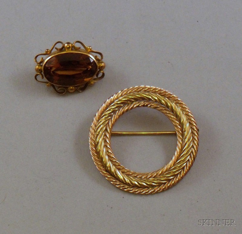 Appraisal: kt Bicolor Gold Circle Brooch and a Gold and Citrine