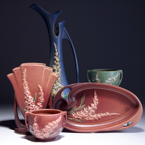 Appraisal: Five ROSEVILLE Foxglove pieces to include a blue ewer -