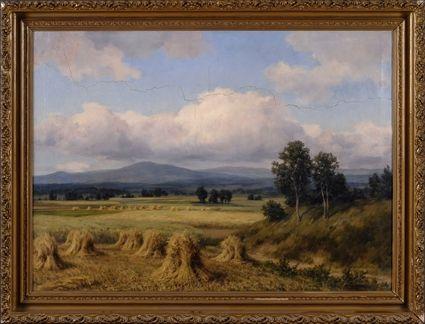 Appraisal: HERMANN HELLBUSCH b LANDSCAPE WITH HAYRICKS Oil on canvas x