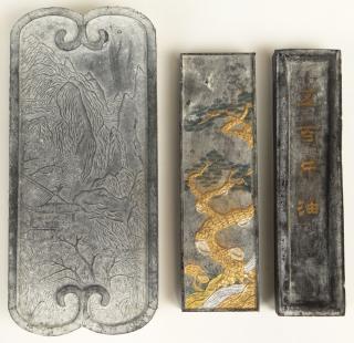 Appraisal: Three Chinese Carved Inkstones Three Chinese Carved Inkstones Calligraphy to