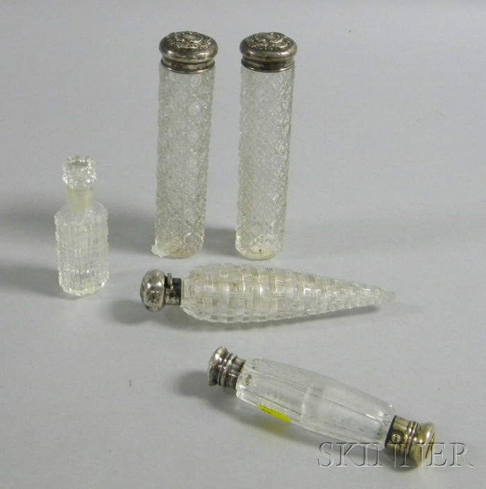 Appraisal: Four Silver-mounted Colorless Cut Glass Perfume Vials together with a