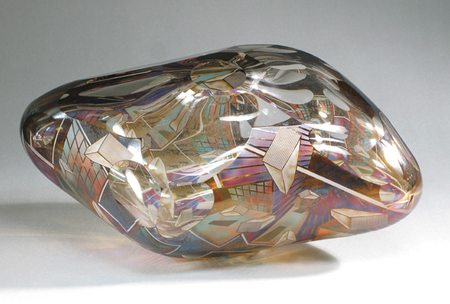 Appraisal: A DAVID SCHWARZ GLASS SCULPTURE irregular form having enameled engraved