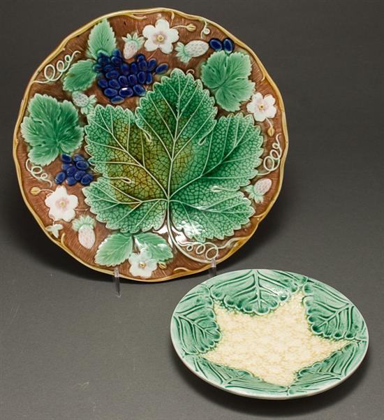 Appraisal: Majolica grape and leaf molded earthenware plate and English majolica