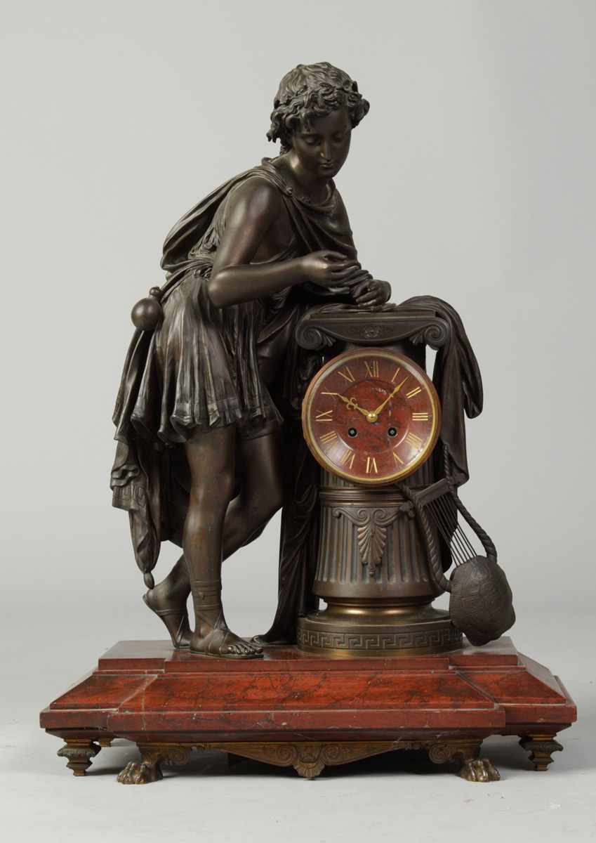 Appraisal: th Cent Bronze Marble Clock w Neo-classical figure pedestal harp