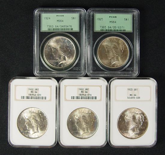 Appraisal: Five BU Peace Dollars coins and all graded MS by