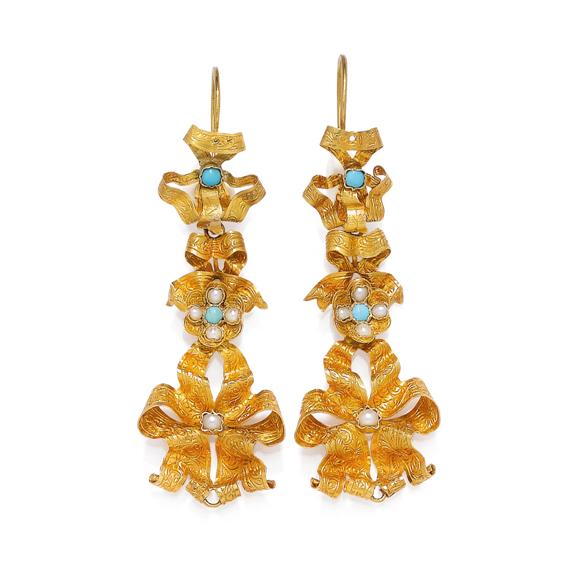 Appraisal: GOLD PEARL AND TURQUOISE EAR PENDANTS ca Yellow gold Attractive