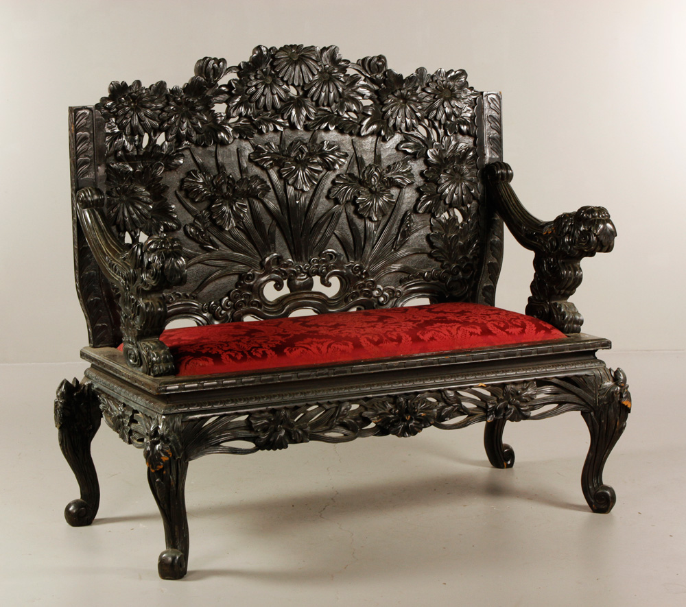 Appraisal: - Carved Bench Heavily carved wooden bench with ornate floral