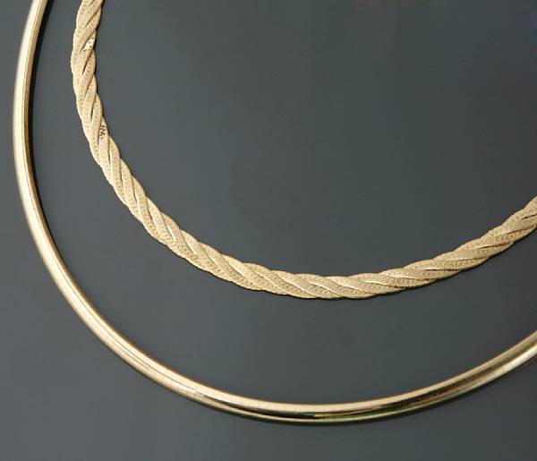 Appraisal: A collection of two gold necklaces Italy k omega link