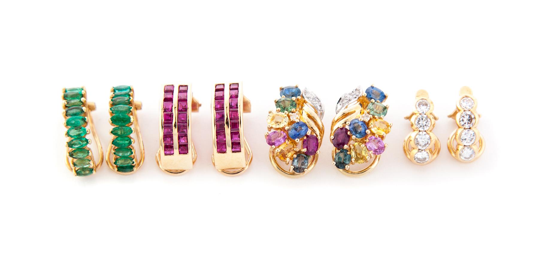 Appraisal: FOUR PAIRS OF GOLD AND GEM SET HALF HOOP EARRINGS