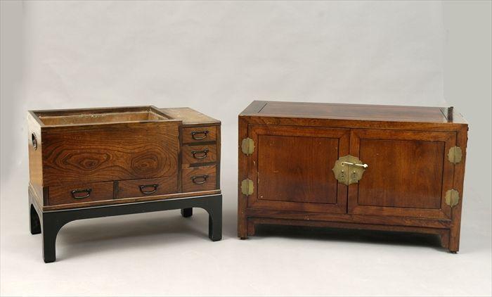 Appraisal: Chinese Brass-Mounted Hardwood Two-Door Cabinet Together with a Japanese hardwood