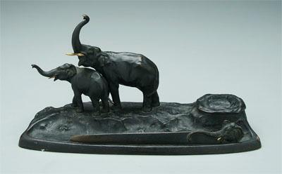 Appraisal: Austrian patinated bronze desk set two elephants on naturalistic base