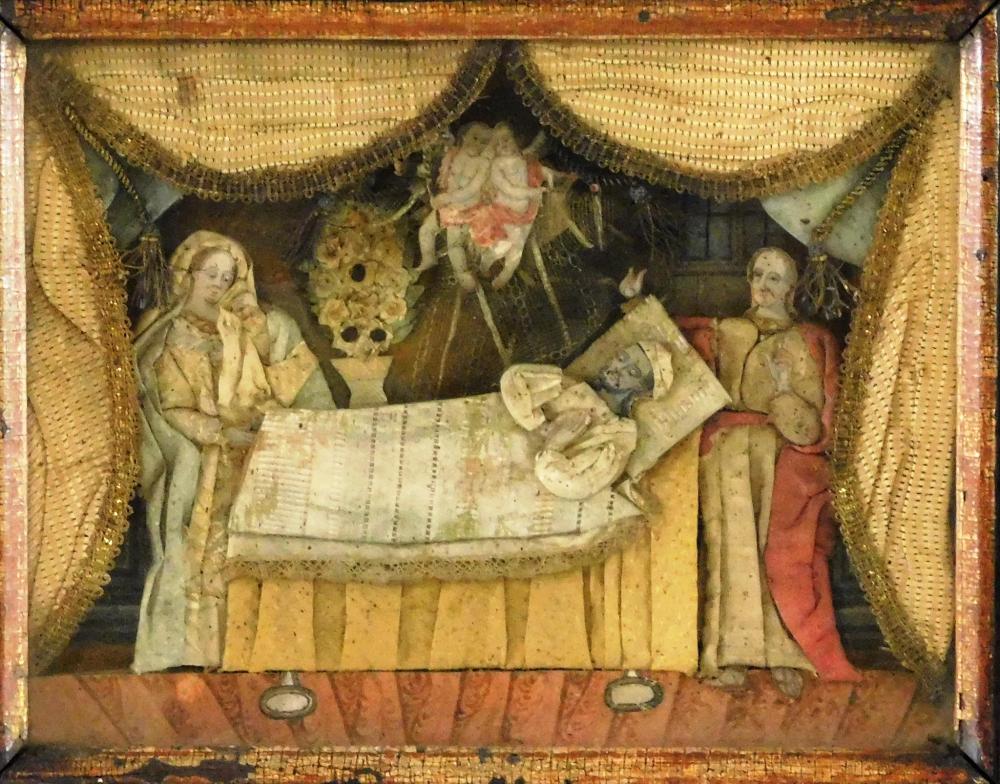 Appraisal: Fabric -D mourning vignette th C depicts people at bedside