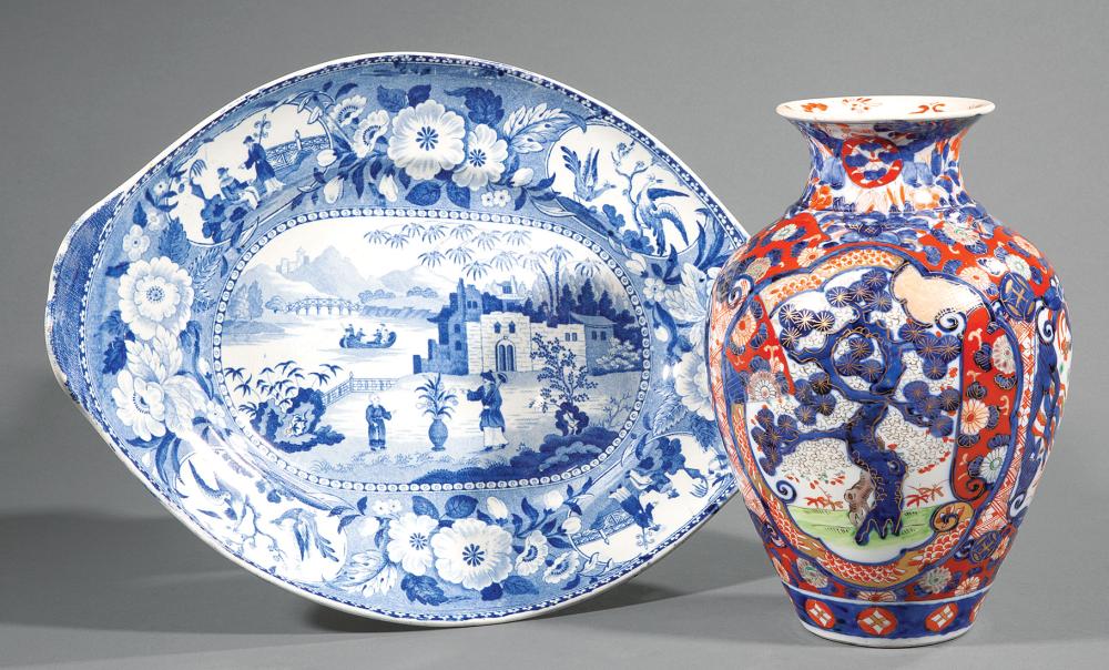 Appraisal: English Blue and White Transfer-Decorated Ironstone Platter and Japanese Imari