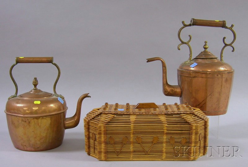 Appraisal: Two Brass-mounted Copper Hot Water Kettles and a Tramp Art