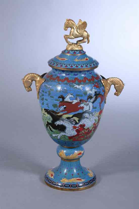 Appraisal: CHINESE CLOISONN ENAMEL VASE AND COVER Gilt horse-form handles and