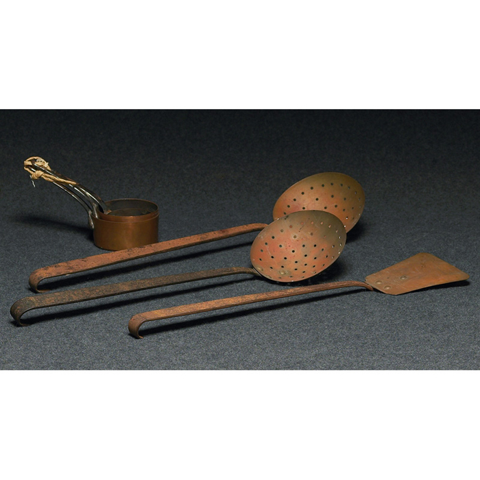 Appraisal: Copper utensils measuring cups two stainer spoons and spatula some