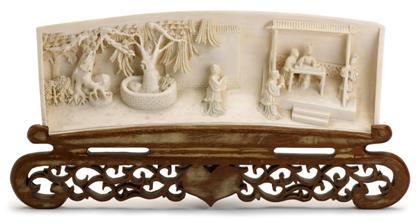 Appraisal: Chinese relief carved ivory tuskDepicting musicians and onlookers under a