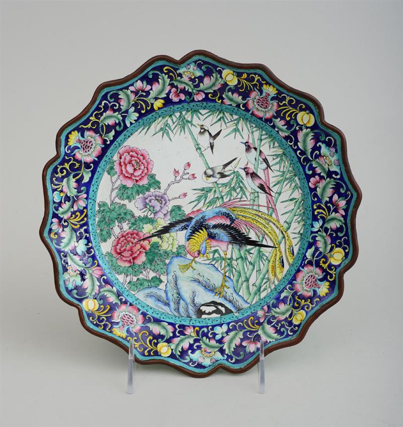 Appraisal: CANTON ENAMEL DISH WITH SCALLOPED RIM Decorated with mythical bird