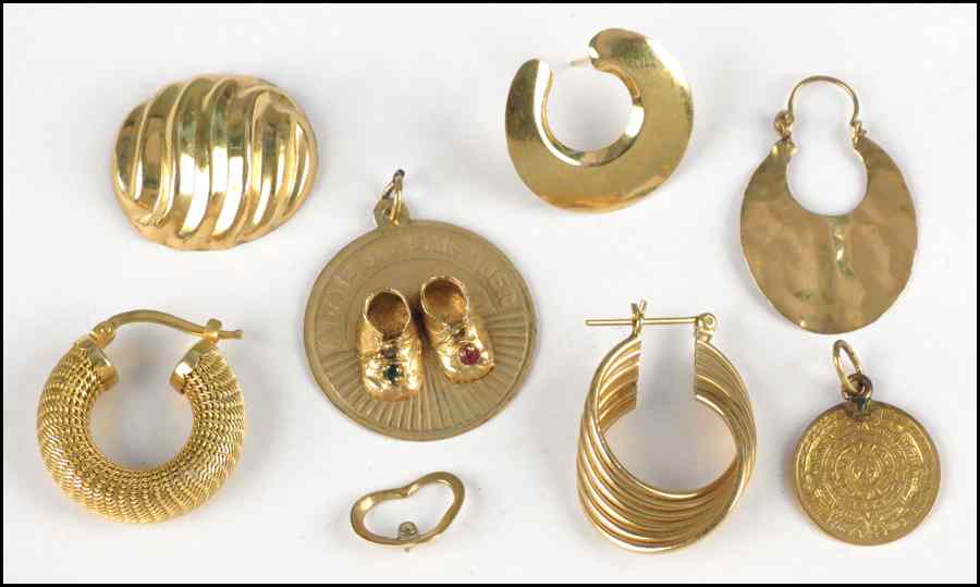 Appraisal: COLLECTION OF GOLD Comprised of five single earrings two charms