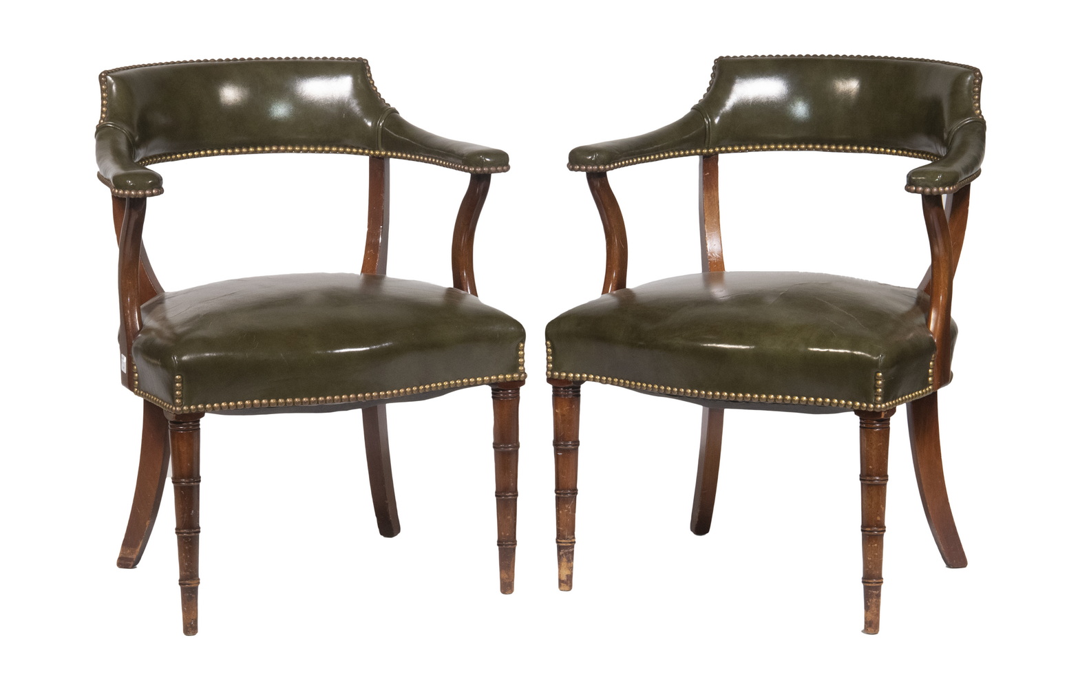 Appraisal: PAIR OF GREEN LEATHER OFFICE ARMCHAIRS 's Mahogany Frame with