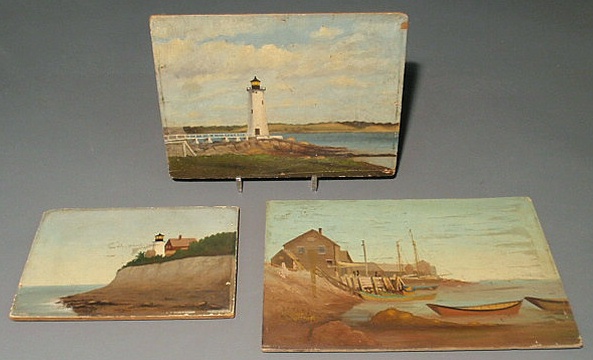 Appraisal: Three oil on panel paintings of seashore scenes two lighthouses