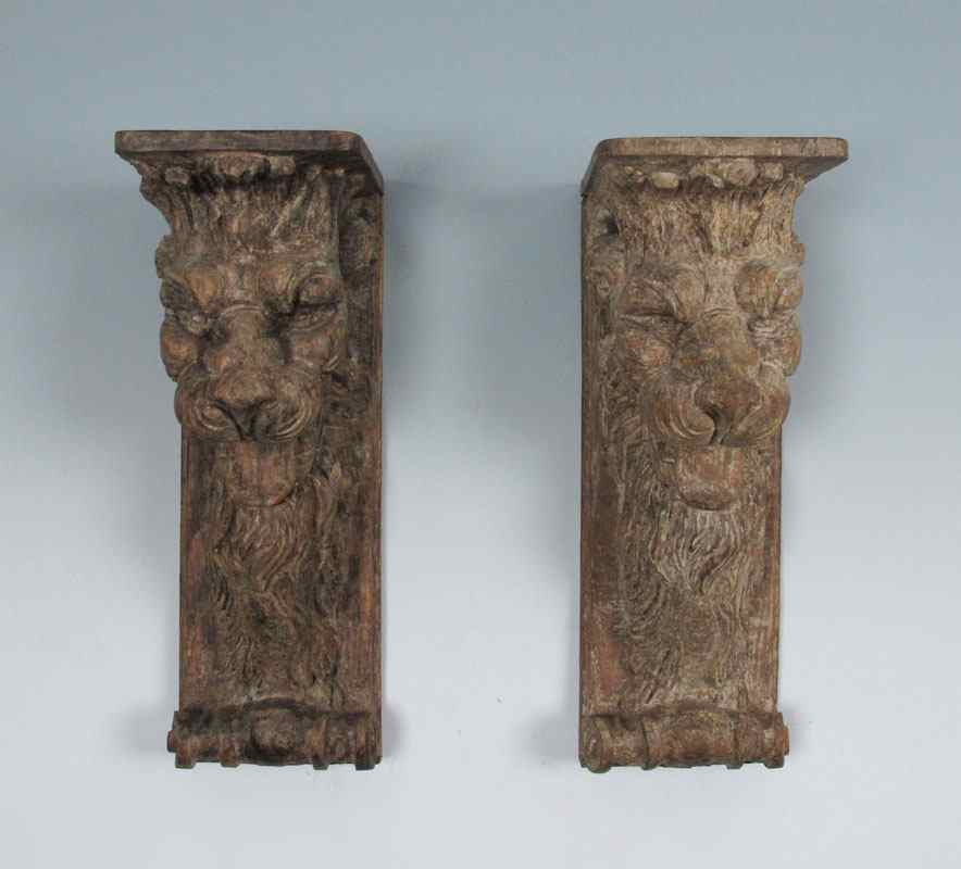 Appraisal: PAIR OLD CARVED OAK FIGURAL LION WALL BRACKETS '' h