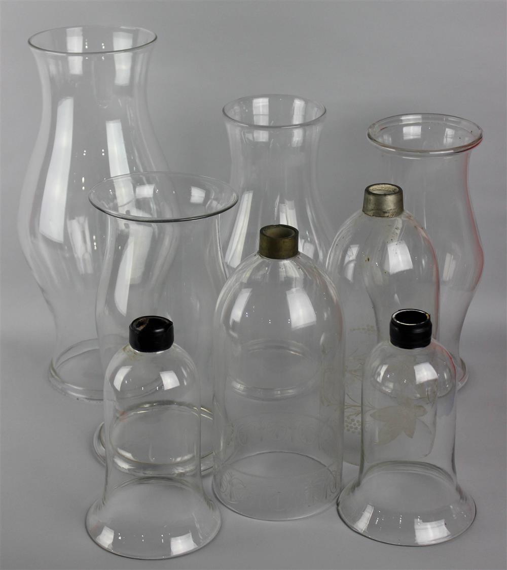 Appraisal: GROUP OF COLORLESS GLASS HURRICANE SHADES AND ASSORTED BRASS AND