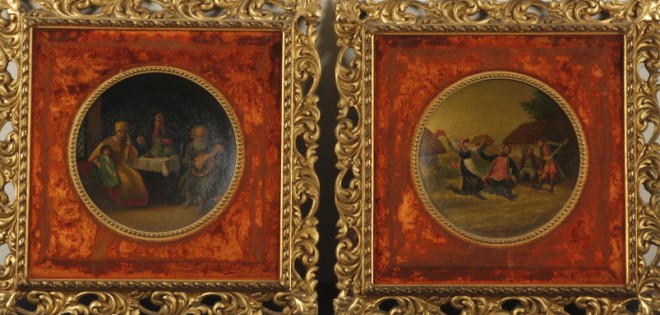 Appraisal: Pair of plates depicting Russian genre musical celebrations complemented by