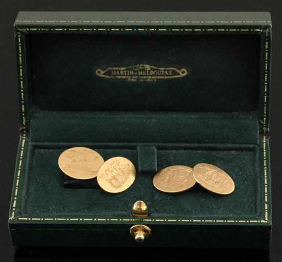 Appraisal: A pair of gold cufflinks The oval plaques engraved with