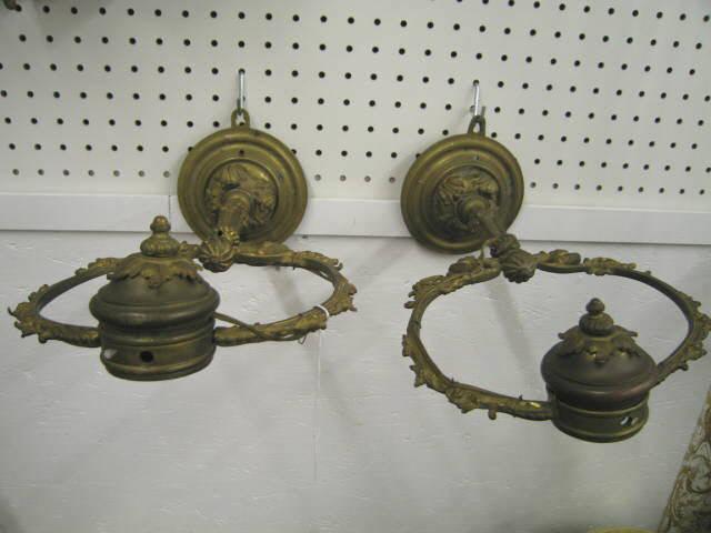 Appraisal: Pair of French Victorian Bronze Lighting Fixtures harp style tops