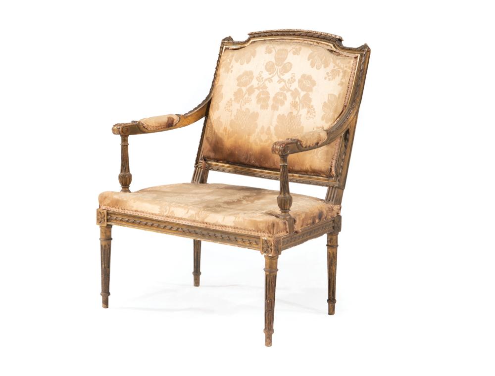 Appraisal: Antique Louis XVI-Style Giltwood Fauteuil cartouche seat back scrolled arms